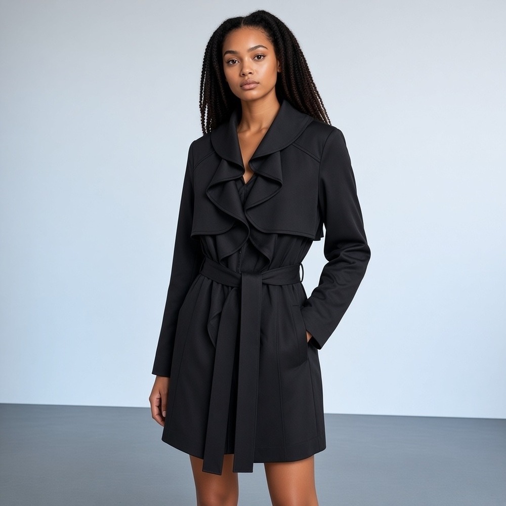 Kasper Black Ruffle Belted Trench Coat Women Size 10P